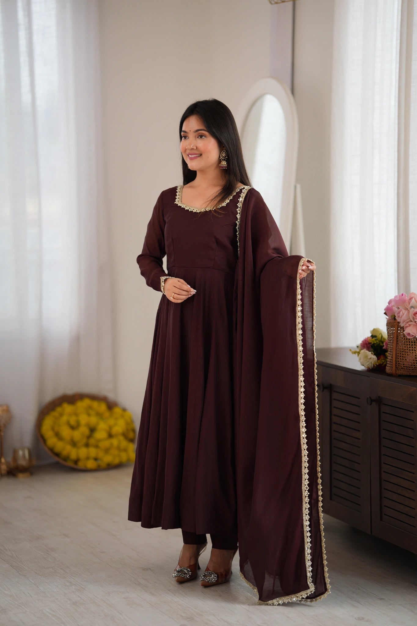 Dark Brown Handwork Anarkali suit with pant and lace-border dupatta – front view
